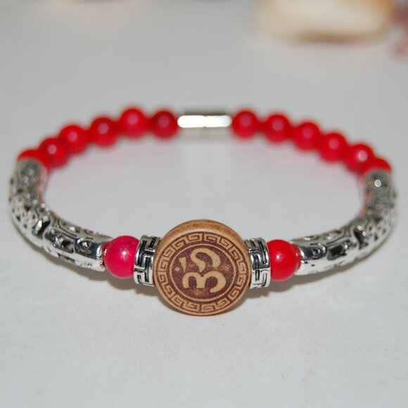 Om Bracelet,Yoga Bracelet,6mm Red Stone Beads,Magnetic Closure - Picture 2 of 2